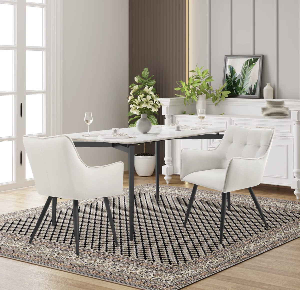 Eetkamerstoel - Set van 2 stoelen - Fluweel eetkamer stoel - Eettafel stoel - Fauteuil - Velvet - Zwarte Poot - Creme Wit - QUORE