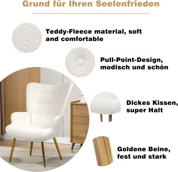 Fauteuil - Relaxing chair - Met voetenbankje - Leesstoel - Woonkamer stoel - Fauteuil - Stoel met voetenbank - Stoel met hocker - Goud metalen poten - Teddy stof - Wit
