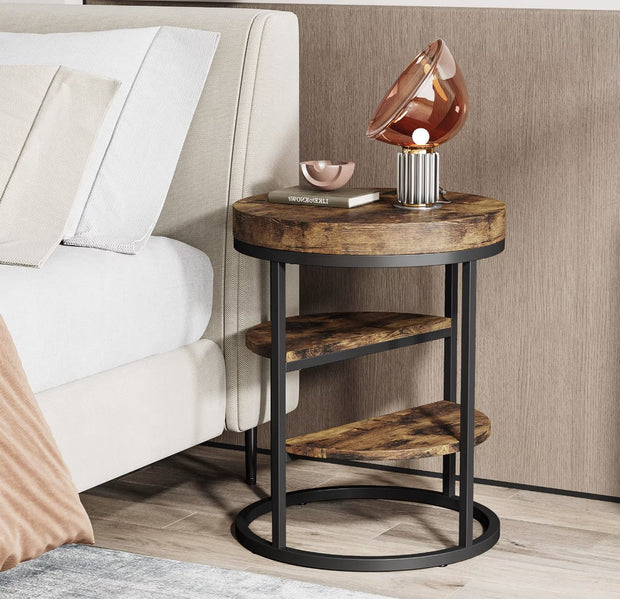 Eindtafel - Sidetable - Koffietafel - Rond - Industrieel - Hout en metaal - Bruin/Zwart - 50cm