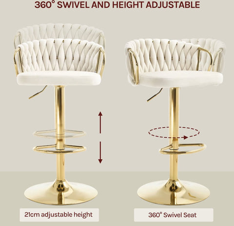 Luxe barkruk - Fluweel Barkruk - Set van 2 - Gevlochten - Hoogte verstelbaar - 360 graden draaibaar - Velvet - Gouden poot - Roze