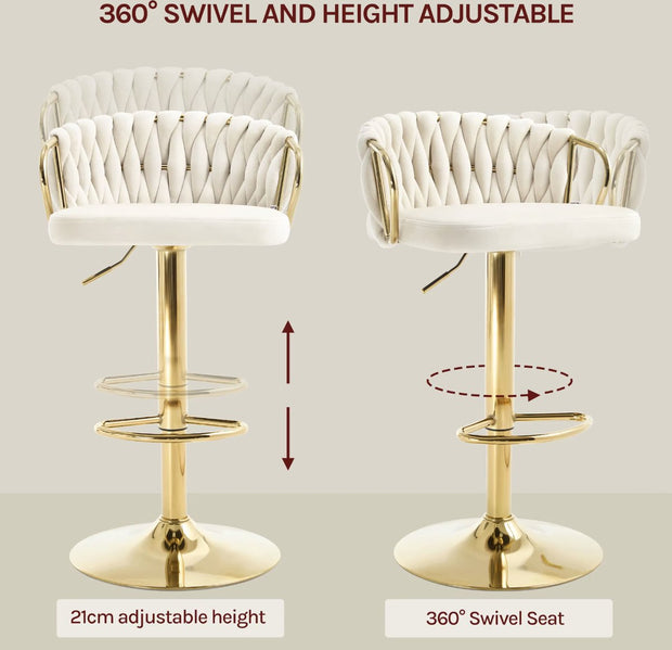 Luxe barkruk - Fluweel Barkruk - Set van 2 - Gevlochten - Hoogte verstelbaar - 360 graden draaibaar - Velvet - Gouden poot - Roze