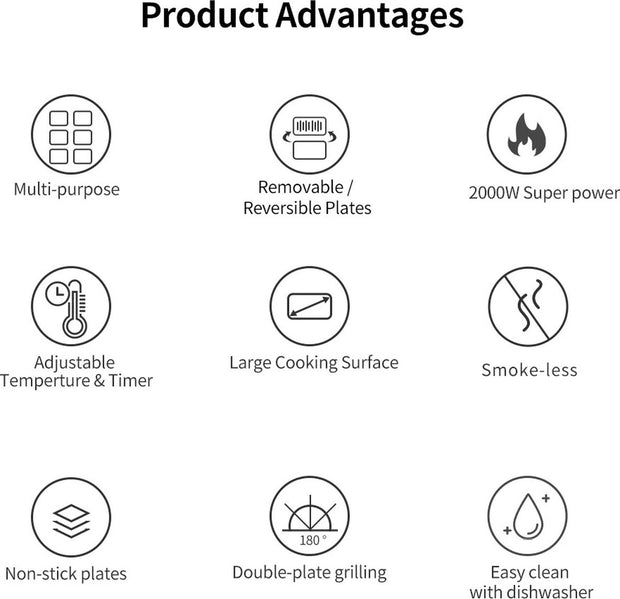 Contactgrill -Tosti apparaat - Bakplaat - 6-in-1 - 2000W - Uitneembare platen - Extra groot - Anti aanbak - 180° uitklapbaar - Snel schoon