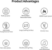 Contactgrill -Tosti Apparaat - Bakplaat - 6-in-1 - 2000W - Uitneembare Platen - Extra Groot - Anti Aanbak - 180° Uitklapbaar - Snel Schoon