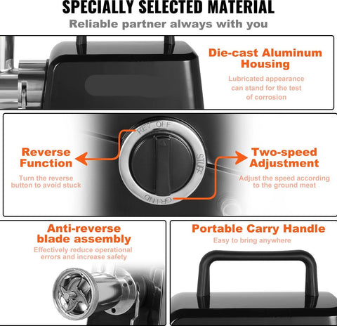 Elektrische Vleesmolen - Gehaktmolen - 250kg/Uur - RVS Maalmessen - 2 Maalschijven - Extra Onderdelen - 1100 Watt - Zwart