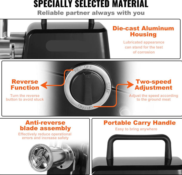 Elektrische Vleesmolen - Gehaktmolen - 250kg/Uur - RVS Maalmessen - 2 Maalschijven - Extra Onderdelen - 1100 Watt - Zwart