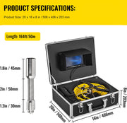 Inspectiecamera -  Endoscoop - Inspectie Camera - met 7in TFT LCD-Scherm - 50M Kabel - IP68 Waterdicht - 12 Verstelbare LED-Lampjes - Zwart
