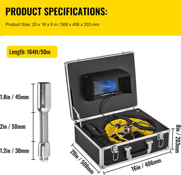 Inspectiecamera -  Endoscoop - Inspectie Camera - met 7in TFT LCD-Scherm - 50M Kabel - IP68 Waterdicht - 12 Verstelbare LED-Lampjes - Zwart