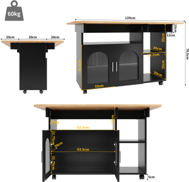 Keukeneiland - Modern Keukeneiland - Keukenkast - Uitneembare Serveerwagen Buffetkast - Eetkamerwagen - met Houtnerf - Buffetkast - Multifunctionele Eettafel - met Opbergruimte