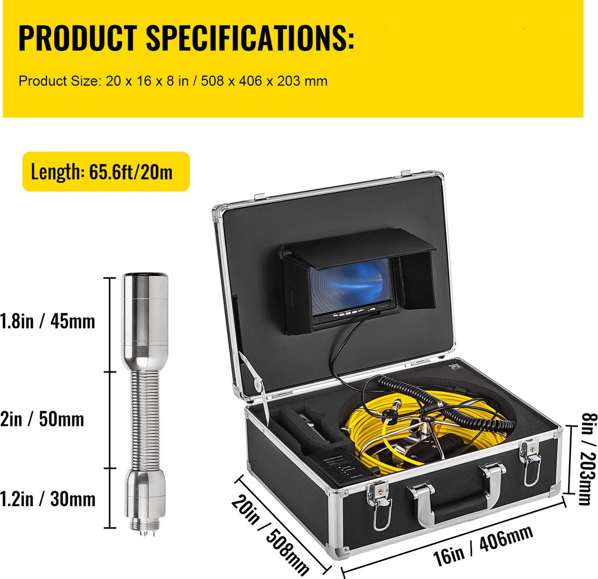 Inspectiecamera -  met 7in TFT LCD-scherm - 20M Kabel - IP68 Waterdicht - 12 Verstelbare LED-Lampjes - Endoscoop - Inspectie Camera - Incl. 8G SD-kaart