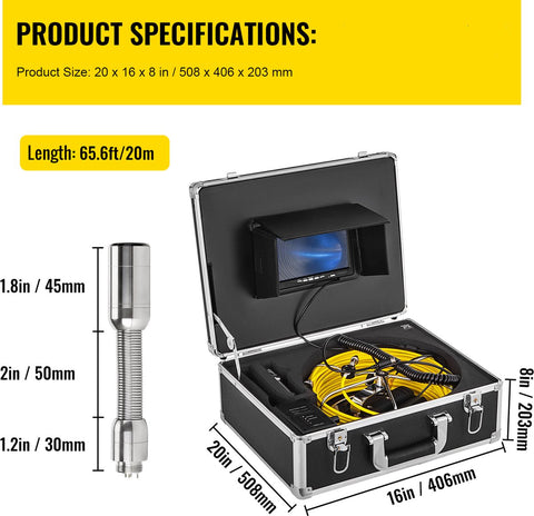 Inspectiecamera -  met 7in TFT LCD-scherm - 20M Kabel - IP68 Waterdicht - 12 Verstelbare LED-Lampjes - Endoscoop - Inspectie Camera - Incl. 8G SD-kaart