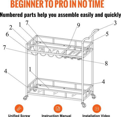 Rollende Barkar -Goud - 2 Trays - Drankwagen - Serveerwagen - Barkar Met Wielen - Theewagen - Keukentrolley