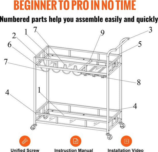 Rollende Barkar -Goud - 2 Trays - Drankwagen - Serveerwagen - Barkar Met Wielen - Theewagen - Keukentrolley