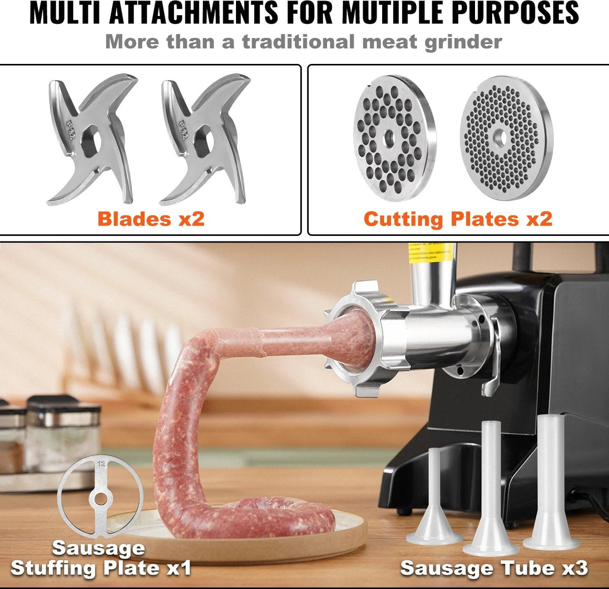 Electric Meat Grinder - Mincer - 250kg/Hour - Stainless Steel Grinding Blades - 2 Grinding Discs - Extra Parts - 1100 Watt - Black