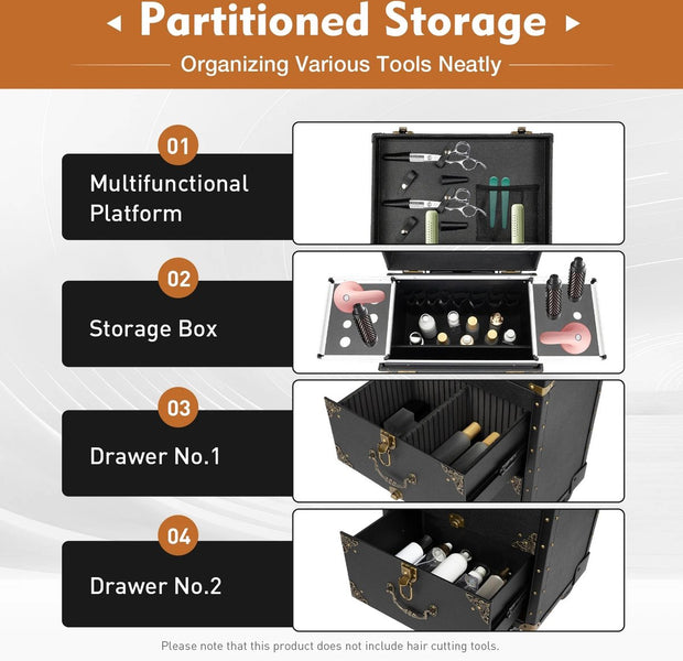 Luxe Visagiekoffer - Make up Koffer - Make-up Trolley - Kappers Koffer - Beautycase - Cosmetica Koffer - Met Wielen - Zwart