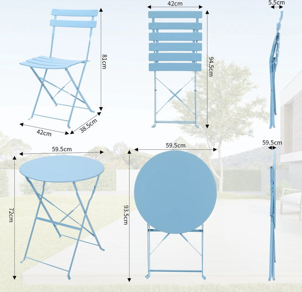 Bistro set 2 persons - Garden table round - Foldable - Collapsible - High quality and durable metal - Garden furniture - Garden chairs - Light blue