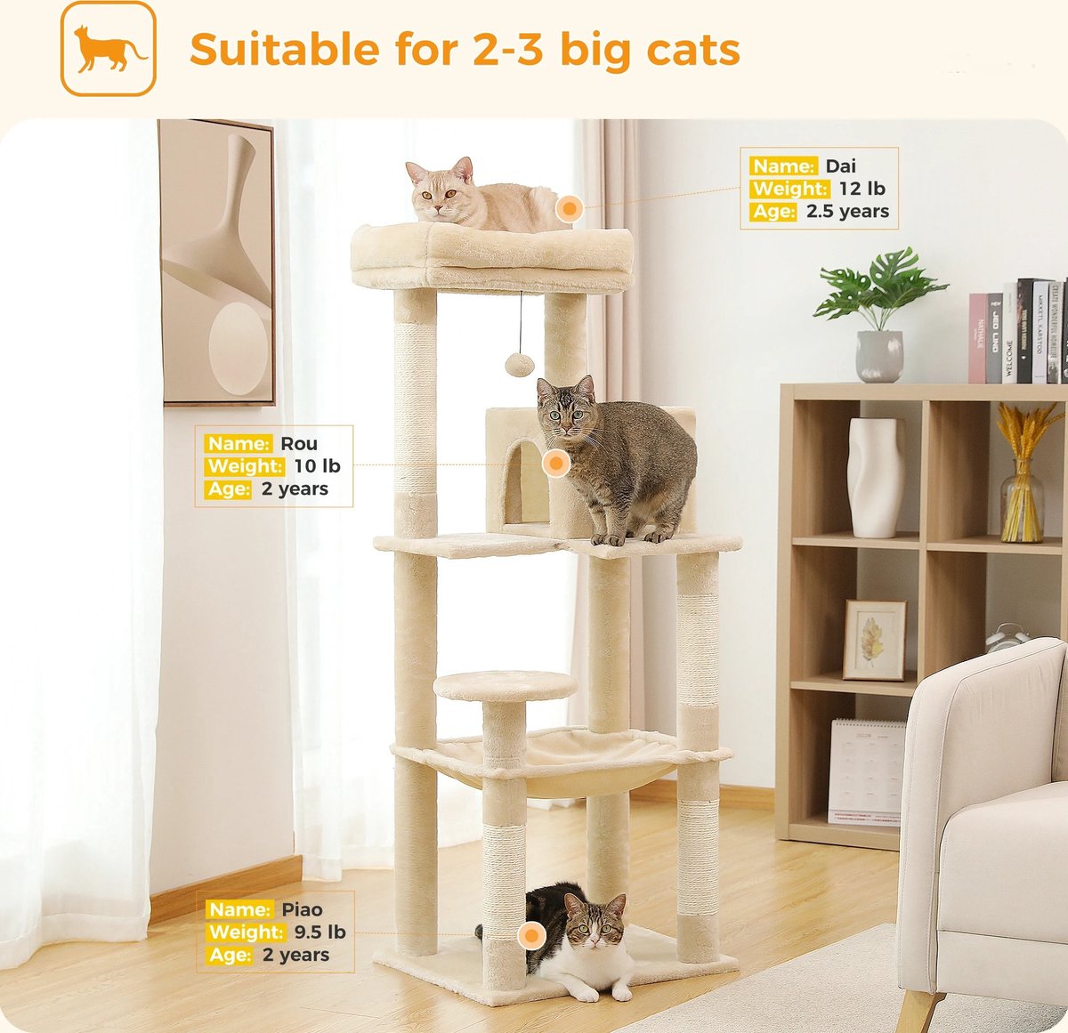 Luxe Kattenboom met Krabpaal - Kattenspeeltoestel - Kattenaccessoires - Huisdierspeelgoed - Groot - 45x55x143cm - Hout - 12,3kg - Beige