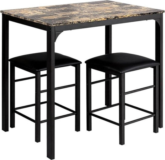 Bartafel met Barstoelen - Bartafelset met 2 Barkrukken - Diningset met Zitkussens & Pedalen - Houten & Metalen Zitset - Kitchen Table - Bartafel voor Woonkamer - Eetkamer