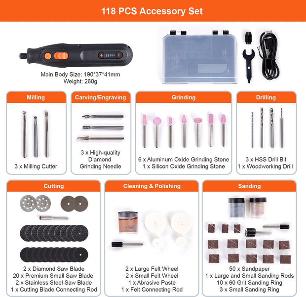 Snoerloos Rotatiegereedschap - Multifunctioneel Gereedschap - 5000-25000 RPM - Geschikt voor Ambachten en Reparatiewerk - Zwart