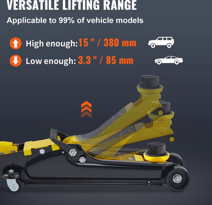 Laag Profiel Vloerkrik - Hydraulisch - Hefbereik 85-380 mm - Stalen Constructie - Veilig Rubber Zadel - Geschikt voor Auto's - SUV's, Vrachtwagens - QUORE