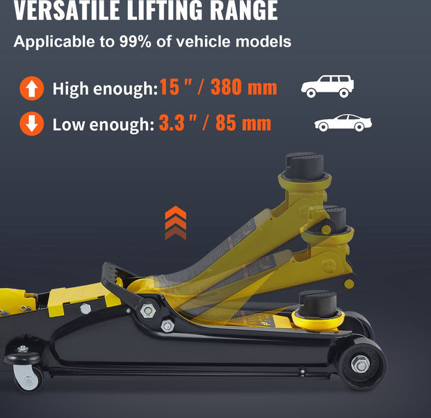 Laag Profiel Vloerkrik - Hydraulisch - Hefbereik 85-380 mm - Stalen Constructie - Veilig Rubber Zadel - Geschikt voor Auto's - SUV's, Vrachtwagens (Copy)