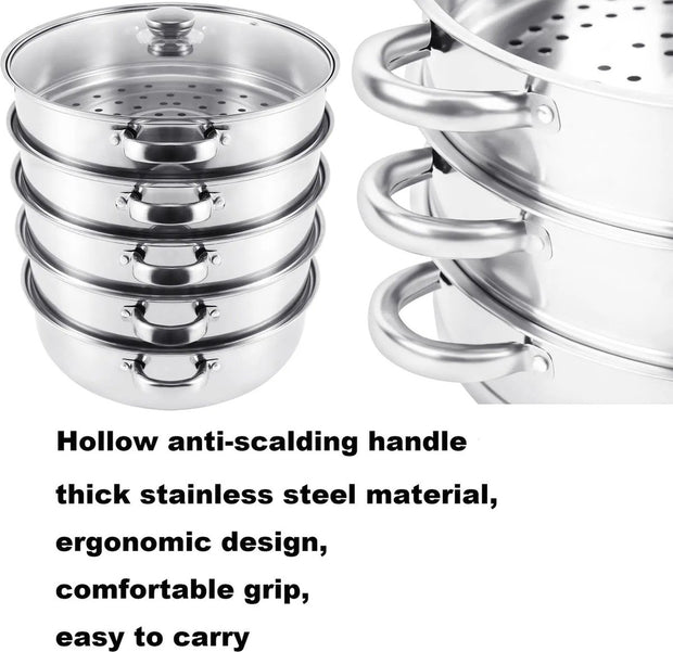 Professionele Stoompan - 5 lagen - Stoomkoker - Ø30cm - Topkwaliteit - RVS - Glazen deksel - Inductie Gas Elektrisch