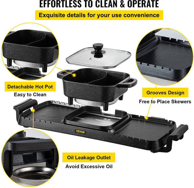 Elektrische BBQ - Pan Grill en Hot Pot - Krachtig 2400W - Draagbaar en Rookvrij - Afneembare Anti-aanbaklaag - BBQ - Gourmet - Grill - Kookgerei - Koken - Grillen