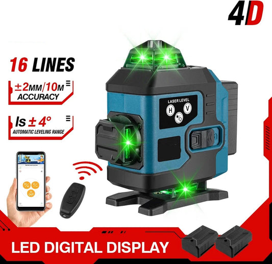 Cross Line Laser - Construction Laser with 4D Lasers - Cross Laser with 2 Rechargeable Lithium Batteries - Including Storage Case and Remote Control - 360 Degree Rotation - With App Control