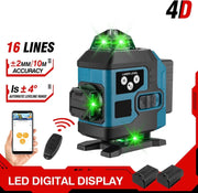Kruislijnlaser - Bouwlaser met 4D Lasers - Kruislaser met 2 Oplaadbare Lithium Batterij - Inclusief Opbergkoffer en Afstandsbediening - 360 Graden Roterend - Met App Bediening