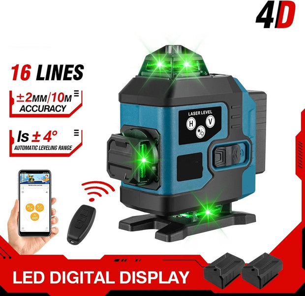 Kruislijnlaser - Bouwlaser met 4D Lasers - Kruislaser met 2 Oplaadbare Lithium Batterij - Inclusief Opbergkoffer en Afstandsbediening - 360 Graden Roterend - Met App Bediening