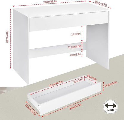 100 cm desk with drawer, suitable as computer desk, dressing table or work table for home or small office. Colour: white.
