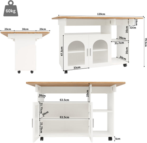 Keukeneiland - Modern Keukeneiland - Keukenkast - Uitneembare Serveerwagen Buffetkast - Eetkamerwagen - met Houtnerf - Buffetkast - Multifunctionele Eettafel - met Opbergruimte