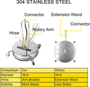 Hogedrukreiniger - Dia.45 cm - Roterende Oppervlaktereiniger - Max.4000PSI - Hogedrukreiniger Stoom - 304 RVS - Roterend Mondstuk en Borstelhaar - Zilver