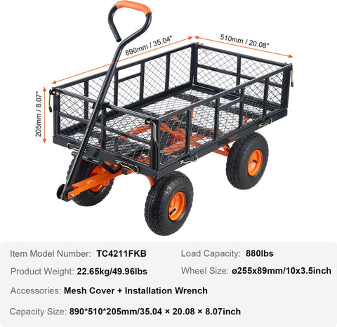 Uitrustingswagen – Veelzijdige Transportkar - met Grote Banden – Verwijderbare Zijwanden – Veilig Transport – Laadvermogen 400kg – Geschikt voor Grote Voorwerpen - Hout en Vuil