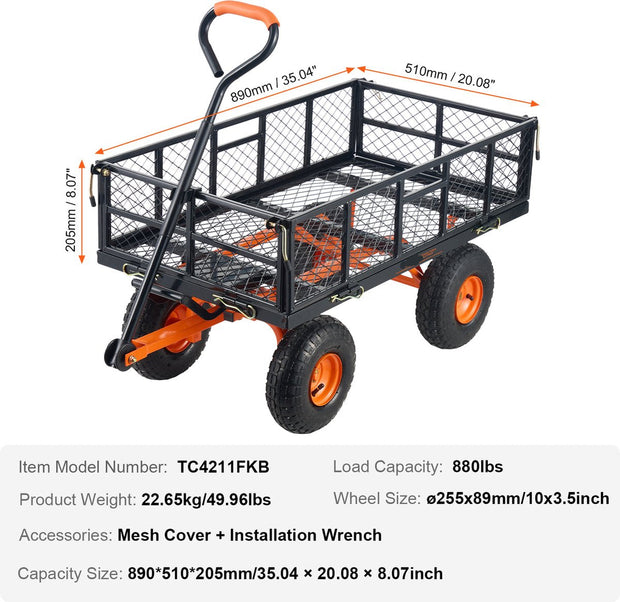 Uitrustingswagen – Veelzijdige Transportkar - met Grote Banden – Verwijderbare Zijwanden – Veilig Transport – Laadvermogen 400kg – Geschikt voor Grote Voorwerpen - Hout en Vuil