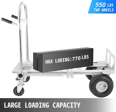 Hand Trolley - 3 in 1 - Aluminium - Twee 10 inch Luchtbanden en Twee - 5 inch Wielen -1 Neusplaat - voor Thuis, Industrieel, Kantoor, School, Werkplaats, Magazijn, Fabriek, Levering - Zilver