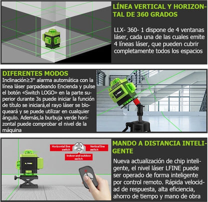 Laser Line - Cross Line Laser - 16 Lines - 4D - 2x Battery - Distance Meter - Green - With Accessories - With Tripod - 360° - 635Nm