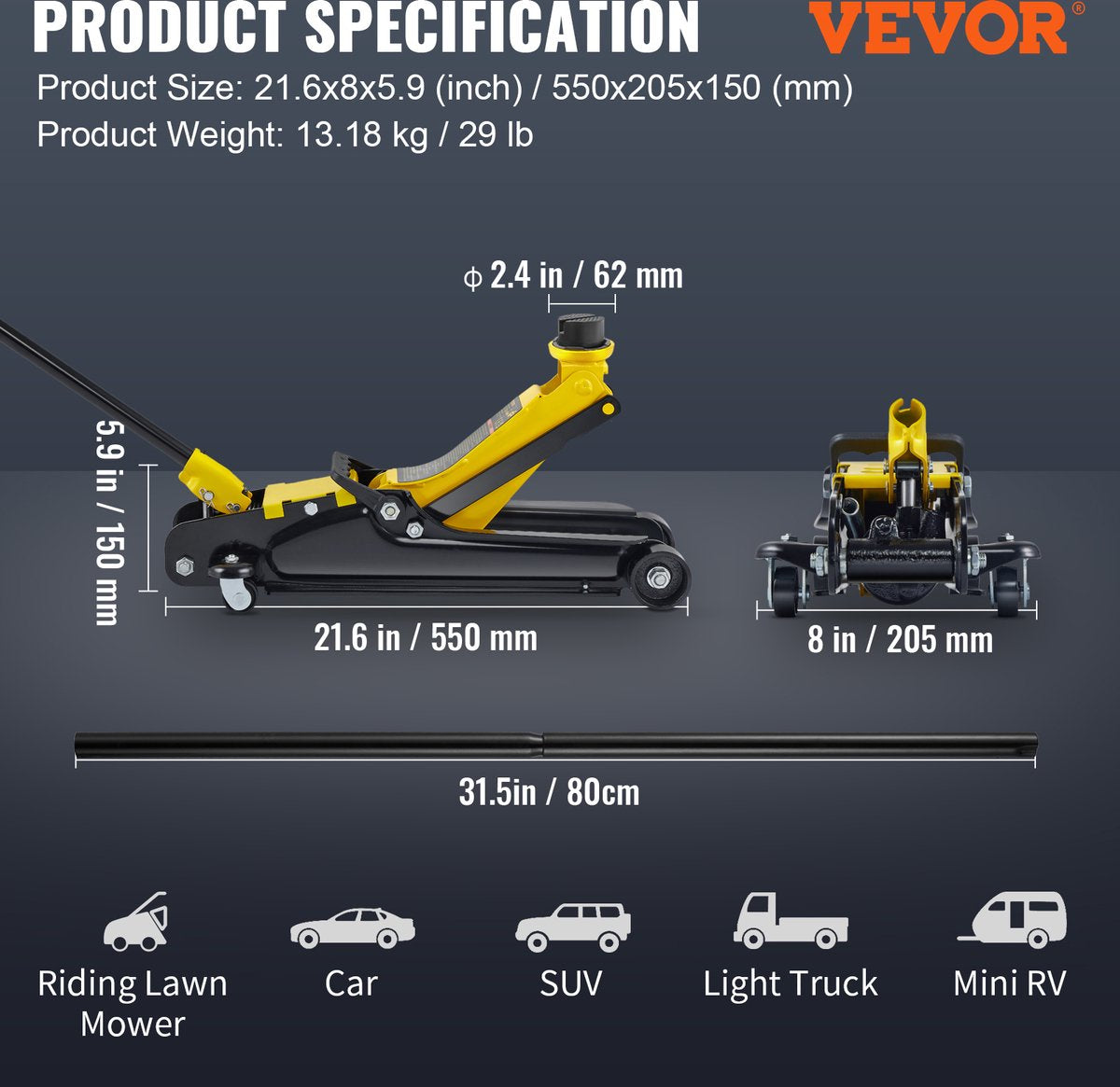 Laag Profiel Vloerkrik - Hydraulisch - Hefbereik 85-380 mm - Stalen Constructie - Veilig Rubber Zadel - Geschikt voor Auto's - SUV's, Vrachtwagens - QUORE