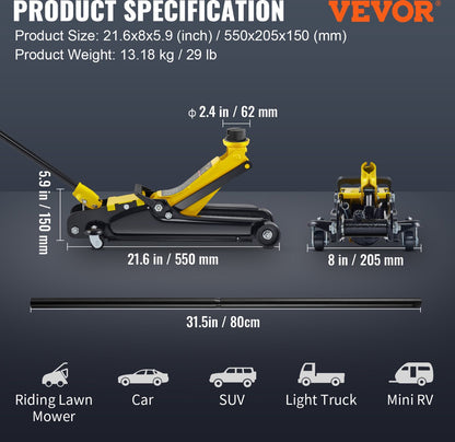 Laag Profiel Vloerkrik - Hydraulisch - Hefbereik 85-380 mm - Stalen Constructie - Veilig Rubber Zadel - Geschikt voor Auto's - SUV's, Vrachtwagens - QUORE