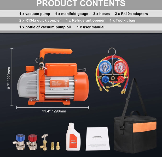 Vacuum Pump - Air Conditioning Vacuum Pump - Air Conditioning Vacuum Filling Pump - Air Conditioning Pump - With Accessories - With Storage Bag - 150W - 1440Rpm - 40 Micron - 3.5CFM - 120V