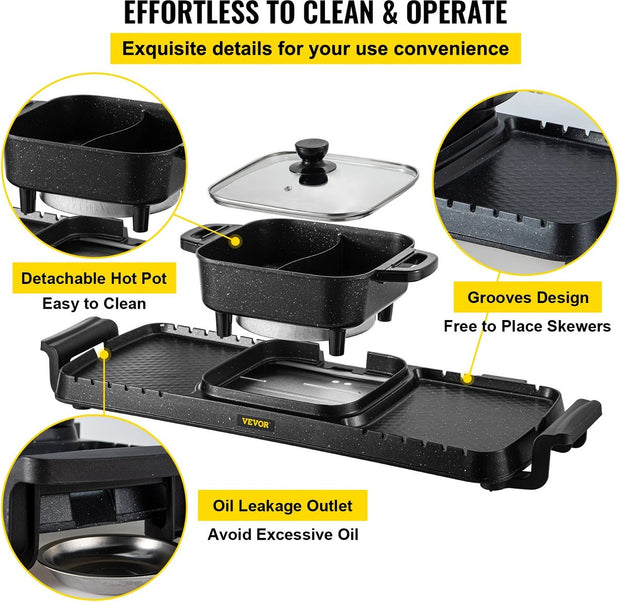 Electric BBQ - Pan Grill and Hot Pot - Powerful 2400W - Portable and Smoke-free - Removable Non-stick Coating - BBQ - Gourmet - Grill - Cookware - Cooking - Grilling