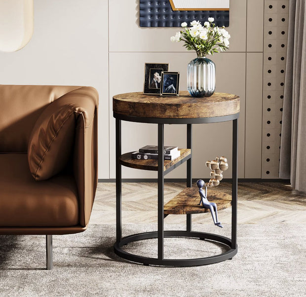 Eindtafel - Sidetable - Koffietafel - Rond - Industrieel - Hout en metaal - Bruin/Zwart - 50cm