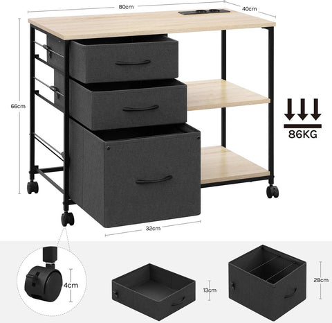 Printerkast - Archiefkast - Printer - Met laden en oplaadstation - 40 cm x 80 cm x 66 cm - Licht eiken met zwart