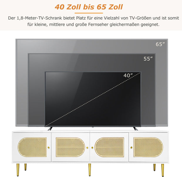 Wit Rattan - TV Cabinet - 180x40x50cm - 4 Rattan-Deuren - Verstelbare Planken - en Kabelbeheer voor Televisies tot 80 inch - Tv-Kast - Lowboards