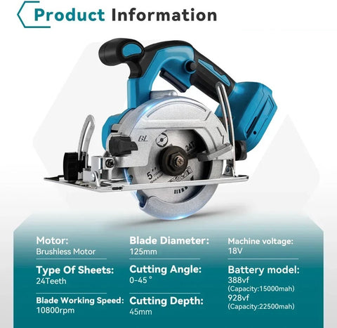Cirkelzaag - Mini Cirkelzaag - Ronde Zaag - Elektrische Cirkelzaag - Draadloos - 11000Rmp - 2x Accu - Met Accessoires - 125mm - 45mm