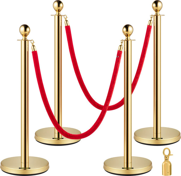 Afzetpaaltjes Crowd Control Stanchion Barrières - 1,5 m - Afzetpalen Voor Menigtecontrole - RVS Bolders - Goud Staanders - Fluwelen Touwen - 4 Stuks - Rood