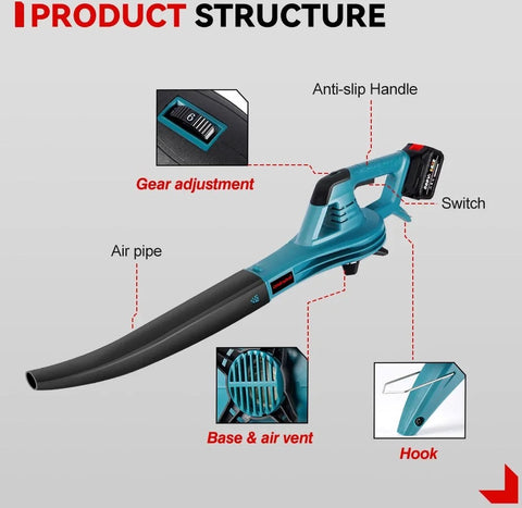 Bladblazer Draadloos - Professionele Bladblazer - Lucht Spuwer - Luchtblazer - 4500W - 2x Accu - Met Accessoires - Blauw