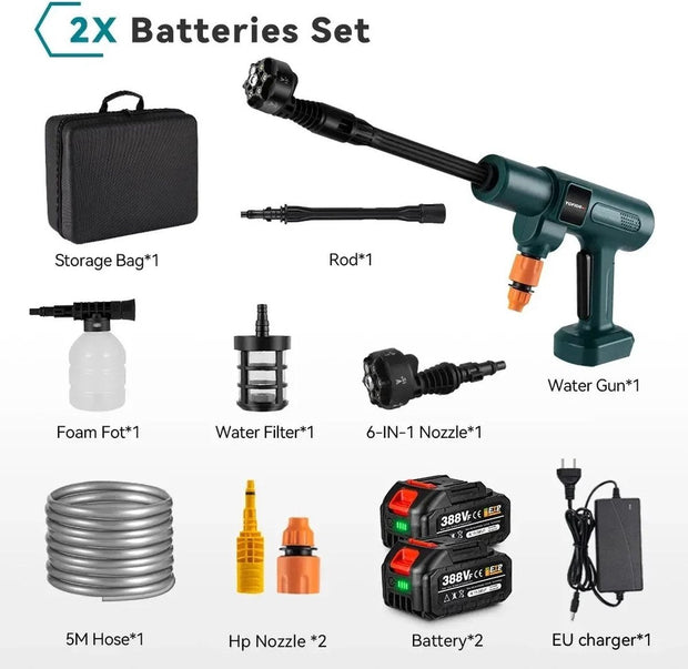 Elektrische Hogedrukreiniger - 6in1 Carwash - 3500W 200bar - Borstelloos - Waterpistool - Incl. 2 Accu's 18 V - Tuin - Irrigatie - Spuitpistool