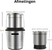 Hakmolen Electrisch -  2-in-1 - Nat en droog - Gehaktmolen - Vleesmolen - Food Processor - Keukenmixer - Elektrisch - 300W  - Roestvrijstalen Behuizing en Maalbladen - Grijs