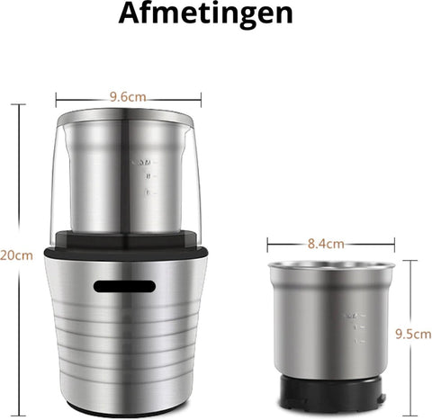 Hakmolen Electrisch -  2-in-1 - Nat en droog - Gehaktmolen - Vleesmolen - Food Processor - Keukenmixer - Elektrisch - 300W  - Roestvrijstalen Behuizing en Maalbladen - Grijs