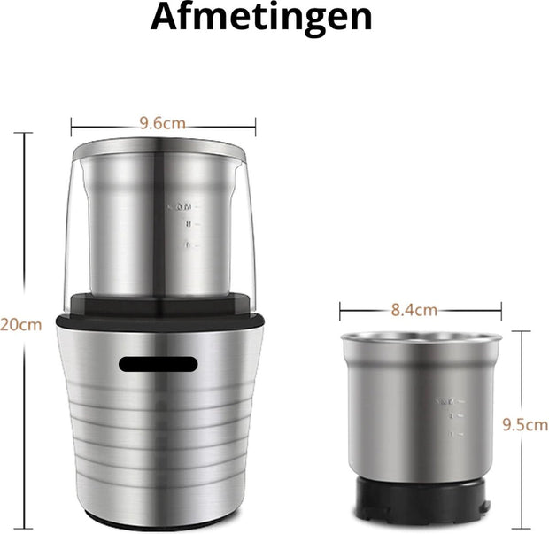 Hakmolen Electrisch -  2-in-1 - Nat en droog - Gehaktmolen - Vleesmolen - Food Processor - Keukenmixer - Elektrisch - 300W  - Roestvrijstalen Behuizing en Maalbladen - Grijs